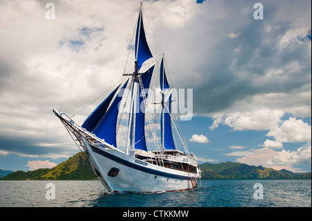 Un 108 piedi in legno tradizionali Phinisi schooner, 'l'Ombak Putih', qui a vela nel Parco Nazionale di Komodo in Indonesia orientale. Foto Stock