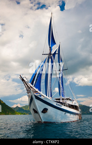 Un 108 piedi in legno tradizionali Phinisi schooner, 'l'Ombak Putih', qui a vela nel Parco Nazionale di Komodo in Indonesia orientale. Foto Stock