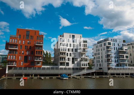 Westhafen la nuova edilizia residenziale quartiere Rotterdamer Werft pier Frankfurt am Main stato di Hesse Germania Europa Foto Stock