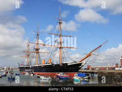 HMS Warrior ormeggiata nel porto di Portsmouth, England, Regno Unito Foto Stock