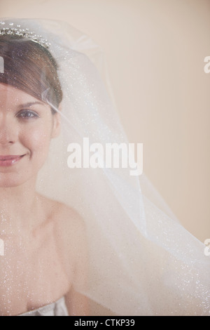 Una giovane sposa che indossa un diadema e velo, il lato sinistro della faccia Foto Stock