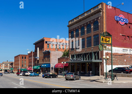 Edifici storici sulla P Street nel quartiere di Haymarket, Lincoln, Nebraska, STATI UNITI D'AMERICA Foto Stock
