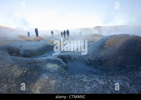 Pozze di fango pentole del Sol de Manana Geyser Basin, Bolivia, Sud America Foto Stock