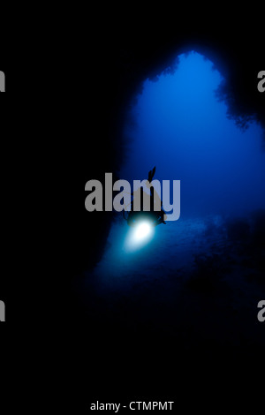 Scuba Diver esplorare Siaes Tunnel a più di 100 piedi nelle isole di Palau in Micronesia. Foto Stock