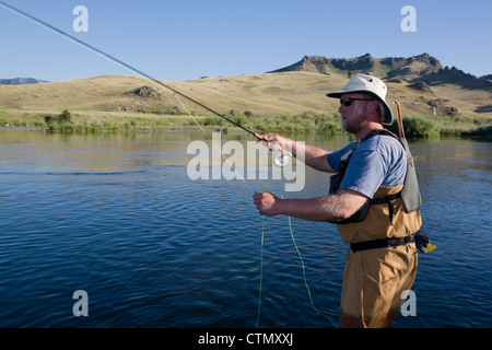 Un pescatore a mosca getta alle trote sul fiume Missouri al Pelican Point, Cascata, MT. (MR) Foto Stock