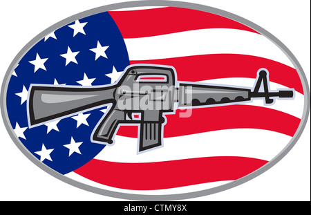 Illustrazione di un Armalite M-16 Colt AR-15 fucile da assalto con American a stelle e strisce flag impostato all'interno di ellisse visto dal lato. Foto Stock