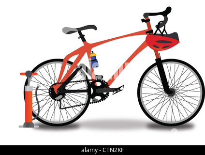 Bicicletta da corsa, rosso e nero, con pompa pneumatico, casco, e bottiglia di acqua, illustrazione vettoriale Foto Stock