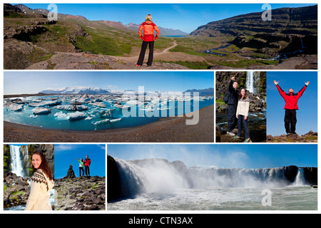 Islanda uno stile di vita attivo montage del giovane e donna escursionismo, passeggiate e cascata Foto Stock