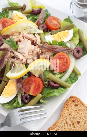 Fresco e tradizionale Insalata Nicoise o Insalata Nicoise di tonno, acciughe, uova, fagioli verdi, pomodori, lattuga, olive e tomat Foto Stock