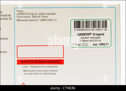 Scheda prezzo di Lucentis Ranibizumab utilizzato per occhio AMD degenerazione maculare senile il trattamento Foto Stock