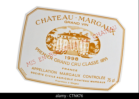 Bottiglia di vino etichetta Chateau Margaux premier grand cru classe vino rosso 1998 Gironde Bordeaux Francia Foto Stock