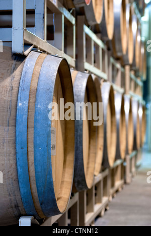 Botti di rovere in un rack riempita con il vino Foto Stock