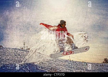 Interpretazione artistica di uno snowboarder a Homer corda Tow, Omero, Penisola di Kenai, centromeridionale Alaska, inverno Foto Stock