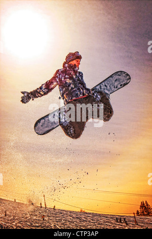 Interpretazione artistica di uno snowboarder a Homer corda Tow, Omero, Penisola di Kenai, centromeridionale Alaska, inverno Foto Stock