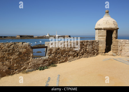 Città di Cadiz, Spagna. Guard torre di avvistamento nel Castillo de Santa Catalina con il Castello di San Sebastian in background. Foto Stock