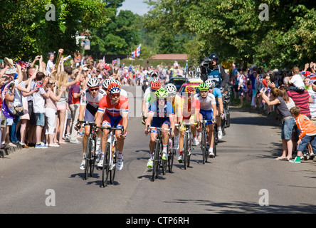 Olimpiadi di Londra 2012, ciclismo, uomini la gara su strada. Il gruppo leader a Ripley, Surrey. Foto Stock