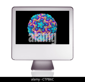 Monitor del computer che mostra un modello molecolare di un virus Foto Stock