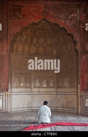 Musulmani pregano nella preghiera area interna al Masjid-i-Jahān Numā / Jama Masjid moschea di Vecchia Delhi, India Foto Stock