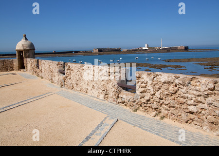 Città di Cadiz, Spagna. Guard torre di avvistamento nel Castillo de Santa Catalina con il Castello di San Sebastian in background. Foto Stock