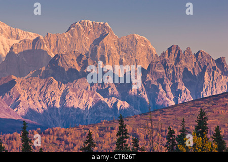 Vista panoramica su sunrise alci dente dell Alaska Range come visto Veterans Memorial in stato di Denali Park centromeridionale Alaska autunno Foto Stock