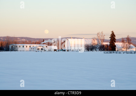 La luna piena sorge sopra snowcovered edifici storici ex caseificio Creamer del campo gli uccelli acquatici migratori rifugio Fairbanks Foto Stock