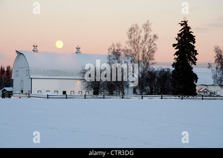 La luna piena sorge sopra snowcovered edifici storici ex caseificio Creamer del campo gli uccelli acquatici migratori rifugio Fairbanks Foto Stock