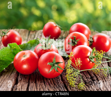 Pomodori, cucinati con erbe per la conservazione del vecchio tavolo in legno. Foto Stock