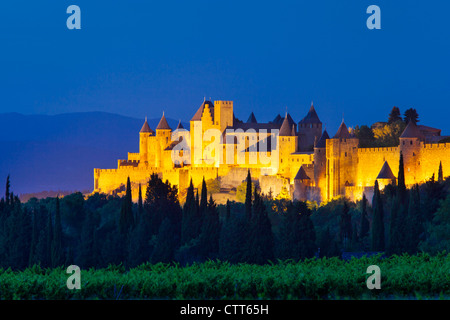 La cite Carcassonne, città medievale fortificata, Languedoc-Roussillon, Francia Foto Stock