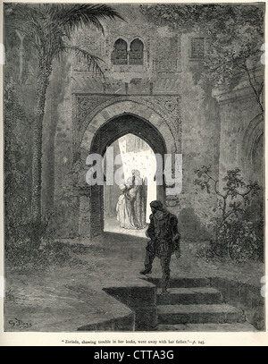 Zoriada, mostra problemi nel suo aspetto, è andato via con il suo padre. Illustrazione di Gustave Dore da Don Chisciotte. Foto Stock
