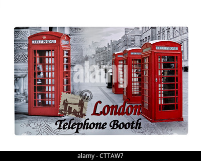 Cartolina retro scena di Londra UK con il vecchio stile Britannico rosso nelle cabine del telefono Foto Stock