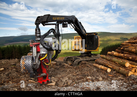 Tiger Cat LH 830 presso la foresta boschiva 'High Houses', taglio di alberi di abbattimento, la raccolta di legname vicino Hawes, North Yorkshire Dales, National Park, Richmondshire Foto Stock