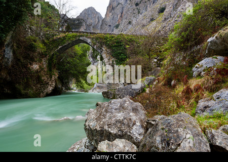 Ponte Puente de la Jaya su fiume Cares, Parco Nazionale Picos de Europa, Asturias Foto Stock