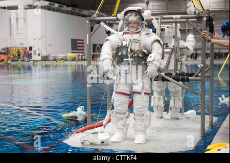 Stanchi nelle versioni di addestramento dei loro spaziositi extravehicular Mobility Unit (EMU), astronauti della NASA Rex Walheim e Sandy Magnus (parzialmente oscurati), entrambi gli specialisti della missione STS-135, stanno per essere sommersi nelle acque del Neutral Buoyancy Laboratory (NBL) vicino al Johnson Space Center della NASA. I subacquei sono in acqua per assistere Walheim e Magnus nelle loro prove, che è destinato a aiutarli a prepararli per il lavoro all'esterno della Stazione spaziale Internazionale. STS-135 è prevista come missione finale del programma di navetta spaziale. Foto Stock