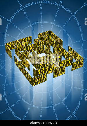Labirinto mit Datenkolonnen aus Binärcode Foto Stock