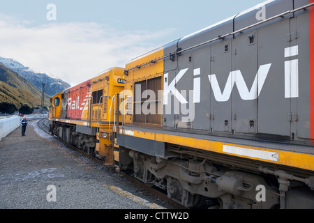 Il Tranz Alpine Express en route da Christchurch a Arthur's Pass, Nuova Zelanda Foto Stock
