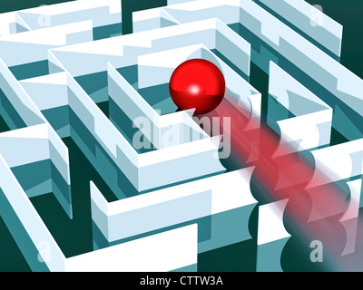 Labirinto mit roter Kugel, die alle Wände zur Mitte hin durchbricht Foto Stock