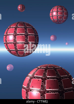 Sfere con i chip del computer sulla loro superficie flottante in uno spazio di colore blu - Schwebende rote Kugeln aus Computerchips Foto Stock