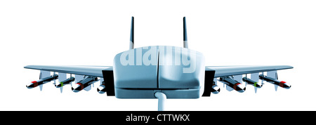 Calcolatore Bewaffnete Maus mit Flugzeugflügeln und Raketen auf weißem Hintergrund Foto Stock