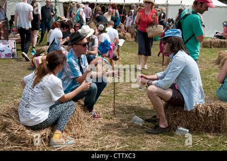 I frequentatori del festival gustare una birra al porto Eliot festival letterario San tedeschi Cornwall Regno Unito Foto Stock