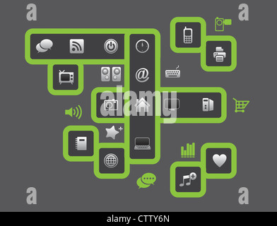 Rete sociale sfondo con icone multimediali Foto Stock