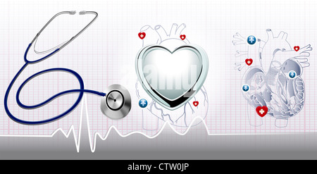 Lo stetoscopio e il cuore e lo sfondo di ecg Foto Stock