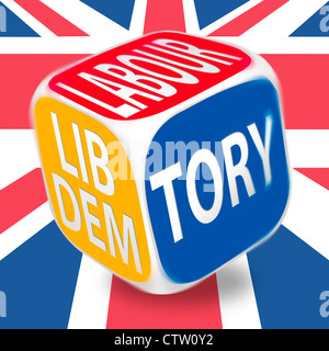 Dadi di laminazione con i partiti politici del Regno Unito su ciascun lato. manodopera, conservatori e liberali democratici partito su una bandiera europea Foto Stock