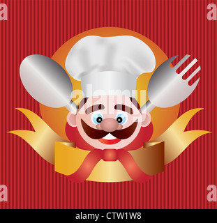 Lo chef con banner Forcella Cucchiaio su strisce rosse illustrazione dello sfondo Foto Stock