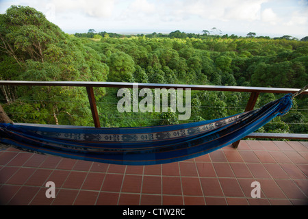 Amaca su un balcone che si affaccia su piante di caffè, la Semilla SA Verde Guest House, Isola di Santa Cruz, Galapagos, Ecuador Foto Stock