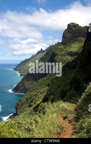 Elk284-8030v Hawaii, Kauai, Costa di Na Pali, lungo Kalalau Trail, Waiahuakua panorama della valle Foto Stock