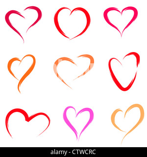 Set di scribble cuori nella spazzola stile di disegno Foto Stock