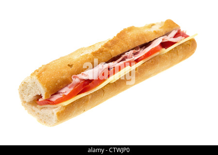 Baguette contenente prosciutto, formaggio e pomodoro - studio shot con una profondità di campo e sfondo bianco Foto Stock