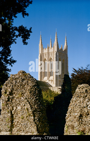 Torre di St Edmundsbury Cathedral dalle rovine dell'Abbazia di Bury St Edmunds Suffolk in Inghilterra Foto Stock