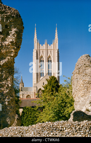 Torre di St Edmundsbury Cathedral dalle rovine dell'Abbazia di Bury St Edmunds Suffolk in Inghilterra Foto Stock