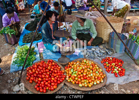 Pomodori per la vendita al mercato settimanale a MAING THAUK - Lago Inle, MYANMAR Foto Stock